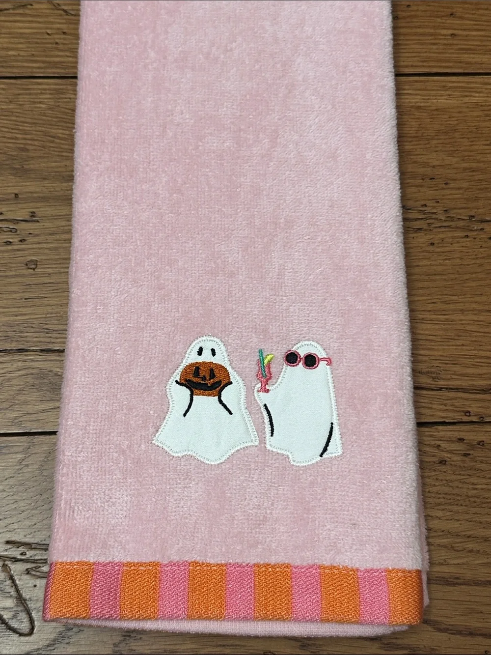 Pink Ghost Embroidered Hand Towel with Striped Trim
